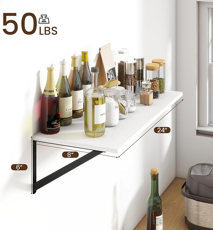Fun Memories Deep Floating Shelves for Wall, 24W x 8D Wall Mounted Shelves Set of 2, Wide Display Ledge Shelf with Sturdy Metal Brackets for Living Room, Bathroom, Bedroom and Kitchen, White