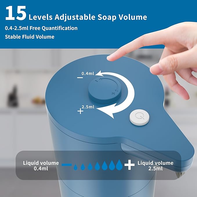 Automatic Soap Dispenser Touchless, Hands-Free, Multi Adjustable Volume, Long Battery Life, Compatible with Thick & Thin Dish/Hand Soap for Bathroom and Kitchen, Easy for Toddlers, Blue
