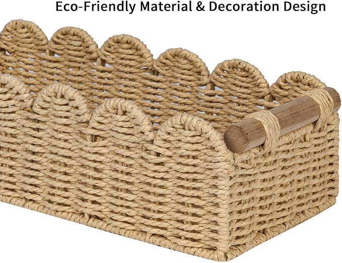 CubesLand Scalloped Edge Decor Baskets for Home, Living Room, Toilet Paper Storage Basket for Over Toilet Shelf, End Table,Shelves and More, Small Paper Rope Baskets Both Storage&Decor, Set 2 Beige