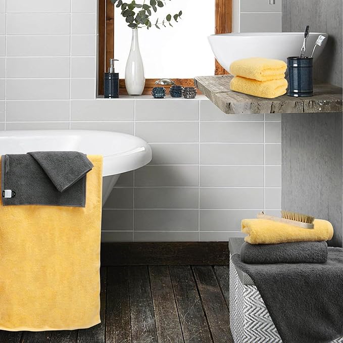SEMAXE 18-Pack Bath Towel Set Include 6 Bath Towels, 6 Hand Towels, 6 Wash Cloths, 100% Cotton Bathroom Towels with Hanging Loops and Nano-Bio Lifecycle Labels, Soft & Absorbent Towel, Yellow & Grey