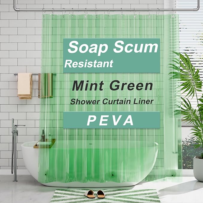 AmazerBath Shower Curtain Liner, 72x72 Transparent Mint Green Shower Liner, Lightweight Plastic Shower Curtain Liners, Waterproof Shower Liner for Bathroom with 3 Magnets and 12 Grommet Holes
