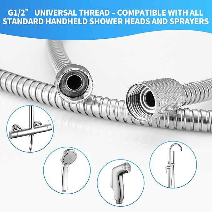 59" Metal Shower Hose Replacement Handheld Kink Free Stainless Steel Shower Head Wand Hose Extension Extra Long with Brass Insert and Nut, Durable & Flexible for Pet Bathing Cleaning