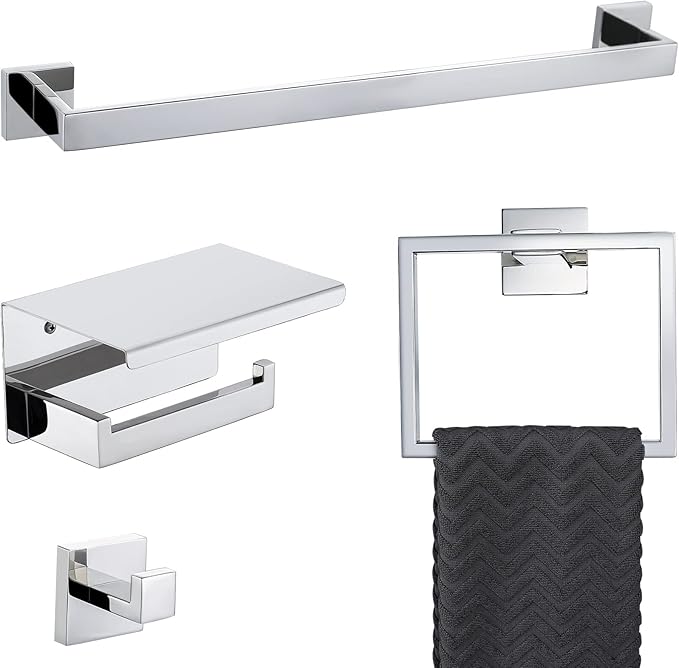 4-Piece Bathroom Hardware Set Chrome Bath Towel Bar Holder Sets Wall Mounted Stainless Steel Square Bathroom Accessory Kit, Polished Chrome 23.6 Inch