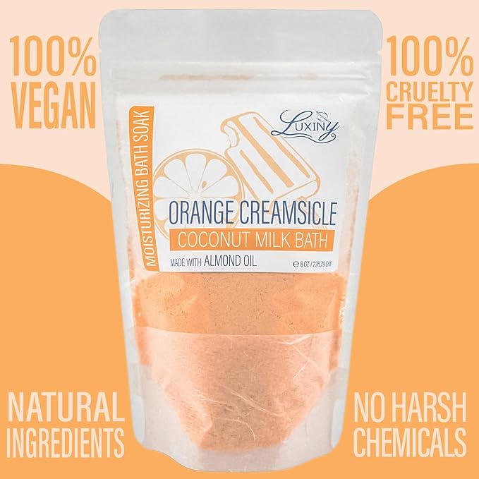 Luxiny Vegan Milk Bath Soak Made with Moisturizing Coconut Milk Powder & Sweet Almond Oil for a Bath Bomb Dust Soothing Fizz & Relaxing Soak, 8 oz. (Orange Creamsicle)