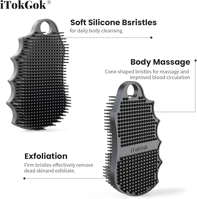 Silicone Body Scrubber Silver-Infused Dual-Sided 3-in-1 for Shower, Body Cleaning+Massage+Exfoliator Body Brush Buffer for Men and Women, Silicone Loofah, Non-Slip Handle (Gray)