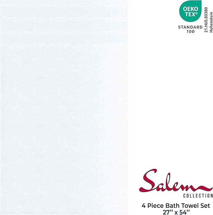 American Soft Linen Salem 100% Cotton Turkish 4 Piece Bath Towels for Bathroom, 600 GSM Soft Absorbent Quick Dry Bath Towel Set, White