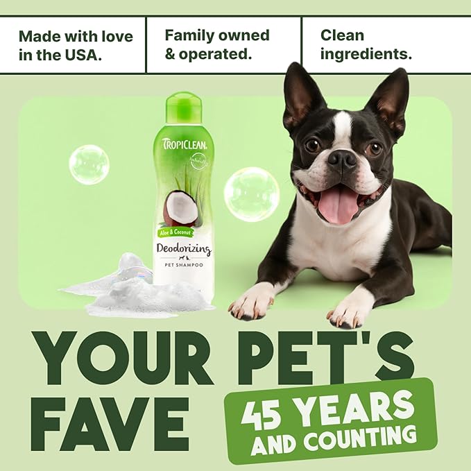 TropiClean Deodorizing Dog Shampoo for Smelly Dogs, Powerful Odor Control, Puppy Safe, Made in the USA, Aloe & Coconut Scent, Cat Friendly, 20oz.