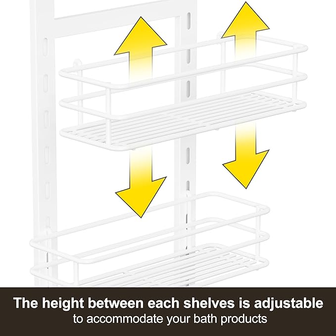 Orimade Adjustable Anti-slip Shower Caddy over Head, Rustproof Bathroom Hanging Shower Organizer with 2 Hooks for Razor, No Drilling Shower Shelves Storage Rack 3 Tier, White