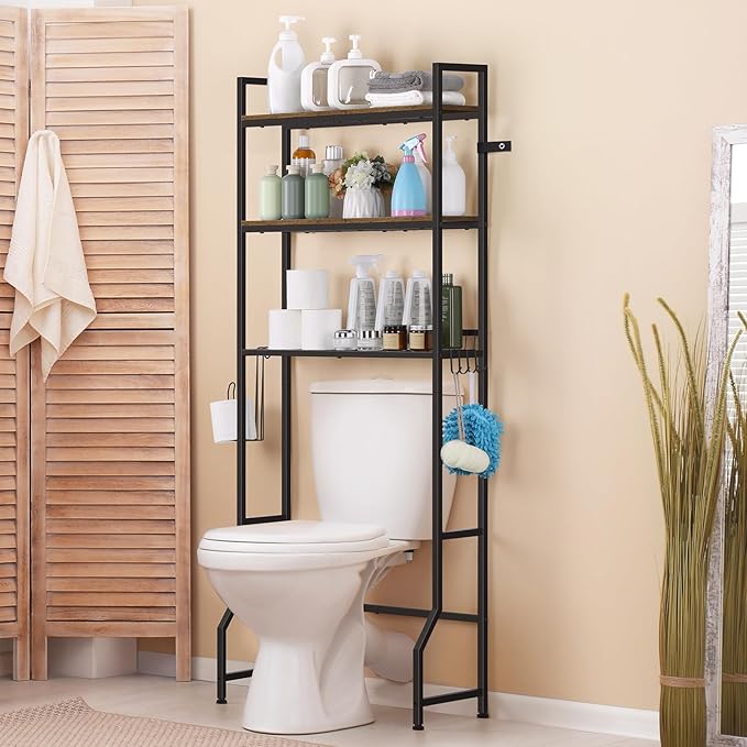 smusei Over The Toilet Storage Shelf, 3 Tier Bathroom Organizer Over The Toilet with Hooks and Toilet Paper Holder Freestanding Wooden Above Toilet Storage Cabinet Rack, Rustic Brown