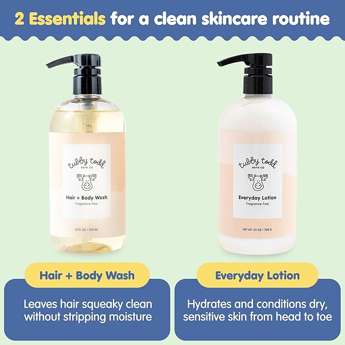 Tubby Todd's Baby Body Wash and Lotion Set - Gentle, Hypoallergenic Skincare for Newborns & Toddlers - 25oz, Fragrance-Free