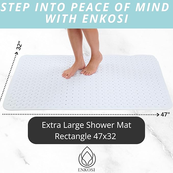 ENKOSI Extra Large Shower Mat Non Slip - 47 x 32 inch - XL Bathroom Shower Mat - Large Shower Matts for Shower Stall Floors - Secure Suction Cups and Drain Holes (47x32 White)