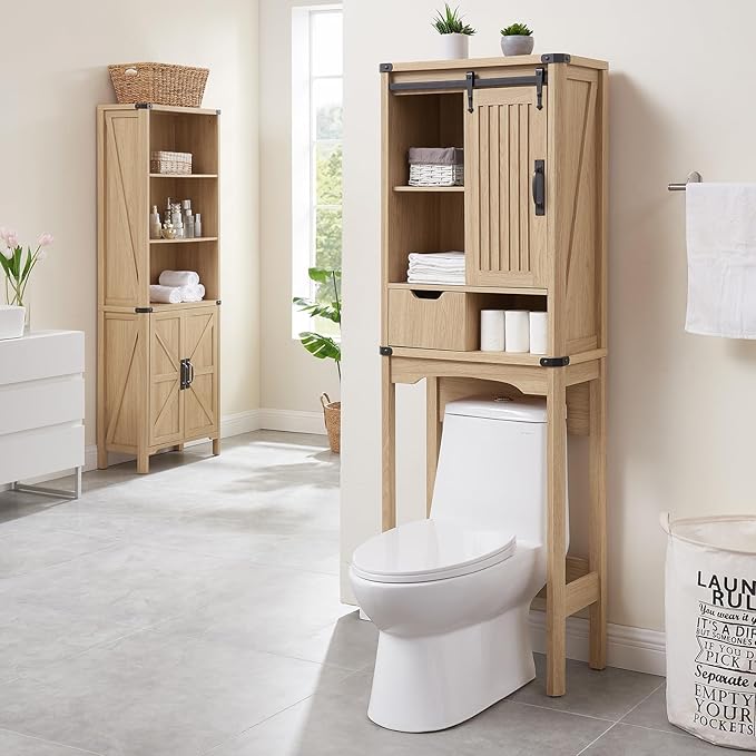 Over The Toilet Storage Cabinet, Farmhouse Storage Cabinet with Adjustable Shelves and Sliding Barn Door, Free Standing Over Toilet Bathroom Organizer (Natural Oak)