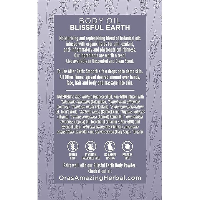 Ora's Amazing Herbal Moisturizing Lavender Body Oil for Women and Men, Nourishing Oil for Dry Skin, Relaxation, Massage Oil, Blissful Earth Scent, 2 oz, Travel Size with Pump