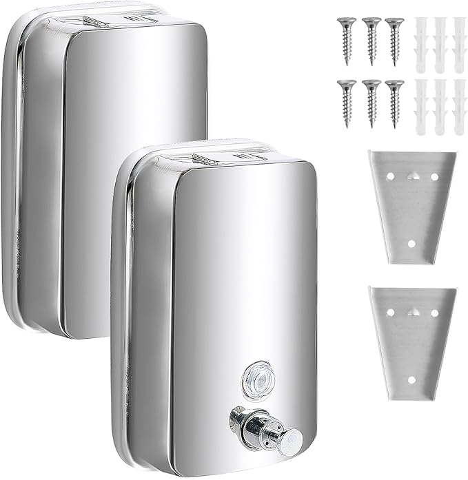 2 Pack 1000ml Hand Soap Dispenser, Commercial Soap Dispenser Wall Mounted, Stainless Steel Refillable Soap Liquid Dispenser for Bathrooms, Toilets, Hotels, Restaurants (Silver)