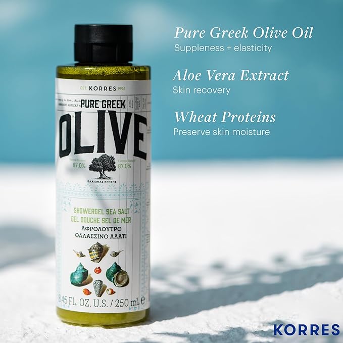 KORRES Olive Oil Shower Gel for Dry Skin, Moisturizing Body Wash Cleanser Made with Pure Greek Olive Oil, Hydrating and Nourishing Bath Soap for Smooth, Supple Skin, Sea Salt Scented, 8.45 fl oz