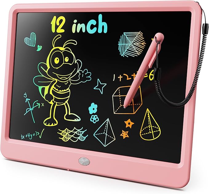 KOKODI LCD Writing Tablet, 12 Inch Colorful Toddler Doodle Board Drawing Tablet, Erasable Reusable Electronic Drawing Pads, Educational and Learning Toy for 3-6 Years Old Boy and Girls(Pink)