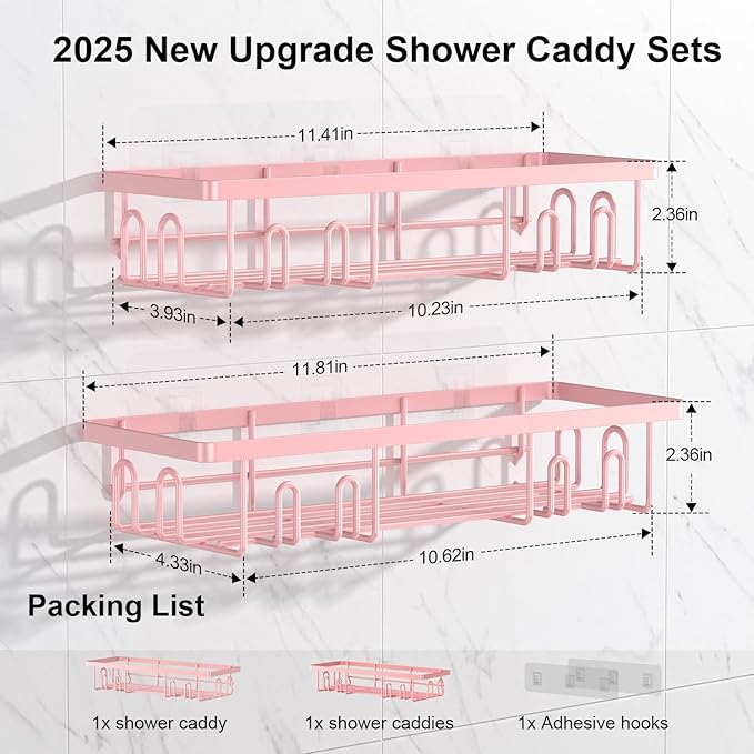 2025 New Adhesive Shower Caddy, Shower Shelves with 16 Hooks, Pink 2 Pack