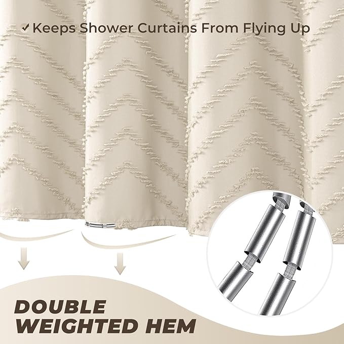 96inch Extra Long Beige Shower Curtain Modern Farmhouse Shower Curtain Bohemian Chic Tufted Chevron Textured Striped Minimalist Shower Curtains Woven Fabric Cute Beige Shower Curtains