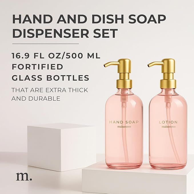 MaisoNovo Soap Dispenser 2-Piece Set | 16.9oz Pink Bottles with Gold Stainless Steel Pumps