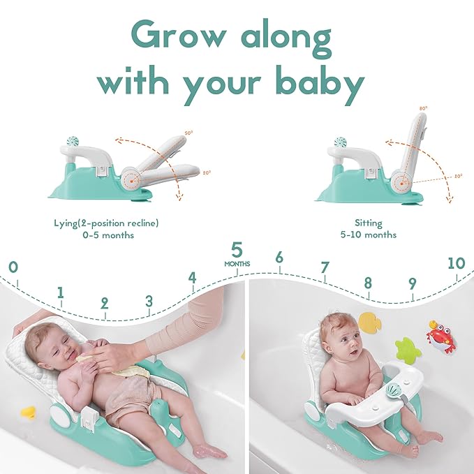 BabyBond Baby Bath Seat with Sitting & Lying 2 Modes, 3-Speed Adjustment, Powerful Suction Cups, Infant Bathtub Chair with Soft and Comfortable Towel, Folding and Hanging