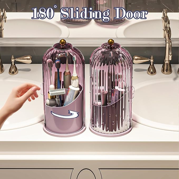 Dustproof Toothbrush Holders with Cover, Rotating Electric Toothbrush and Toothpaste Holder for Bathroom Countertop, 3 Slots Makeup Brushes Organizer, All Pink
