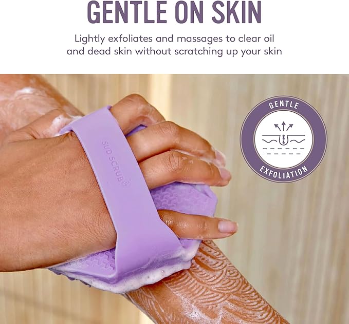 Sud Scrub® Antimicrobial Silicone Body Scrubber, Exfoliating Body Scrubber for Sensitive Skin, Eco Friendly Shower Scrubber for Body, Silicone Body Brush for Showering, Purple