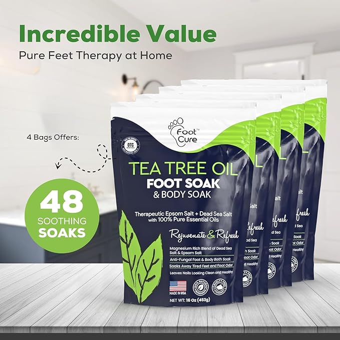 FOOT CURE Tea Tree Oil Foot Soak with Epsom Salts- for Foot Pain, Soreness, Athletes Foot, Odors, Toe Nail Fungus, Fungal, Calluses (Pack of 4)