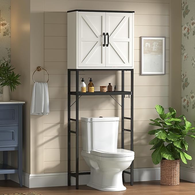Over The Toilet Storage Cabinet, Bathroom Above Toilet Cabinet Organizer with Doors and Adjustable Shelves, Bathroom Shelf Organizer with Anti-Tip Device & Drain Rack, White
