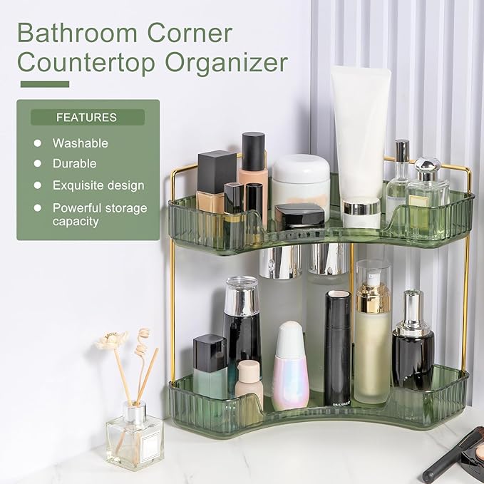 Corner Bathroom Countertop Organizer, Vanity Trays for Counter, Makeup Organizers, Perfume Tray, Kitchen Spice Rack, (Green, 2 Tiers)