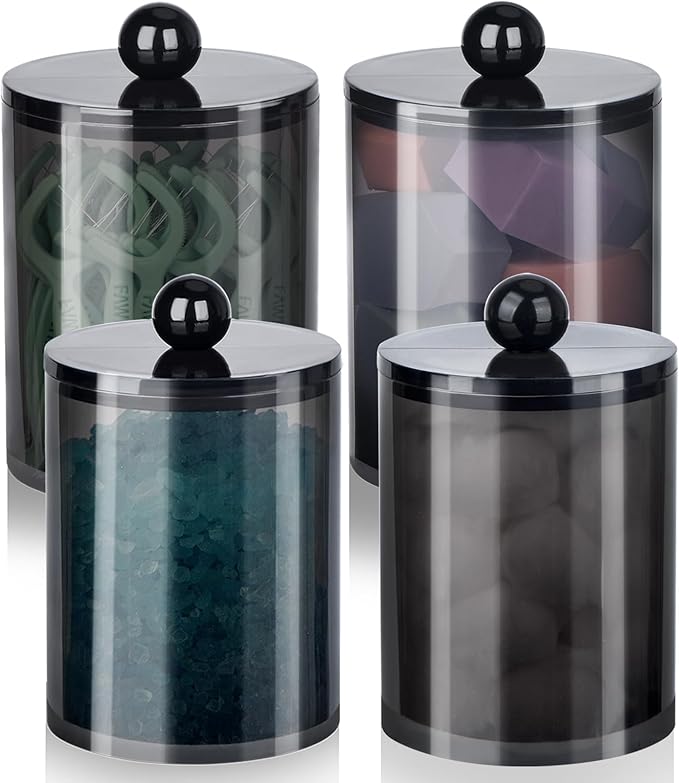 4 Pack Qtip Holder,Canister Apothecary Jar Set, Bathroom Jars with Lids Set for Cotton Swabs, Balls, Pads, Floss Picks,10oz-12oz Plastic Canisters Restroom Bedroom Vanity Organizer(Black)