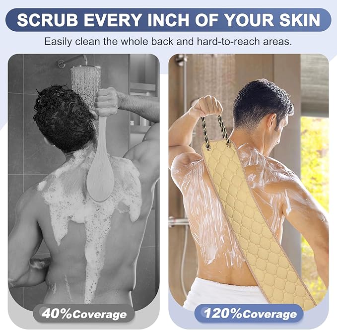 Exfoliating Back Scrubber with Handles, 39 Inch Double-Sided Back Exfoliator Body Scrub Towel, Exfoliating Washcloth Bath Tool for Use in Shower, Back Washer to Deep Clean Your Skin for Men & Women