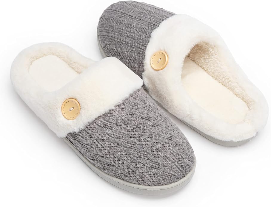 Chantomoo Womens Slipper Warm Comfy Memory Foam House Slippers Knitted Shoes Faux Fur Lined Anti-Skid Rubber Sole Bedroom Cozy Indoor Outdoor Slippers