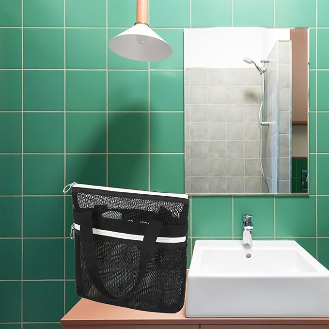 Mesh Shower Caddy Portable with Zipper & 2 Pockets - Quick Dry Shower Caddy Hanging for Travel Gym Camp Beach - Organizer Bag Bathroom Essentials for College Dorm