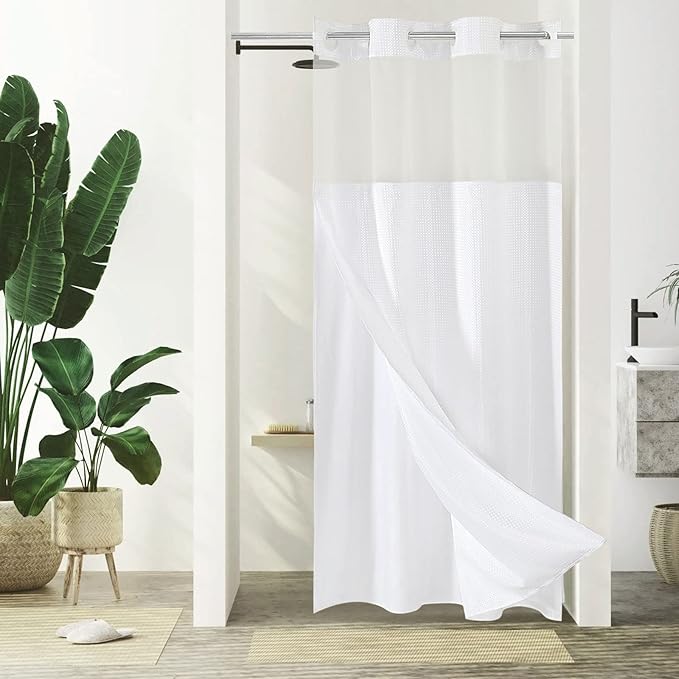 Gibelle Stall Small Shower Curtain 36x74, Waffle Weave Shower Curtain with Snap-in Fabric Liner Set, No Hooks Needed, Hotel Style with Mesh Top Window, White