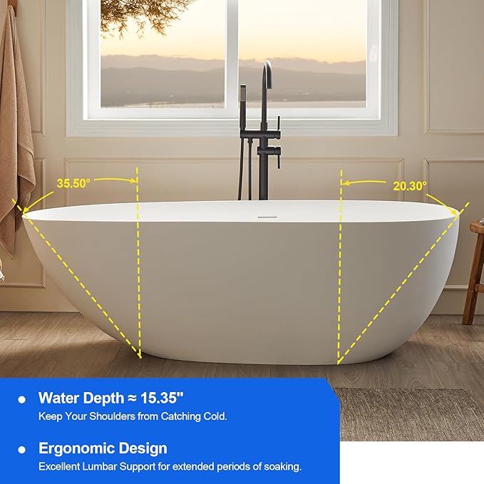 Cpingao 71" Solid Surface Freestanding Bathtub, Egg Shell Stone Resin Freestanding Soaking Tubs with Pop-up Drain and Overflow, Matte White 8848-1800
