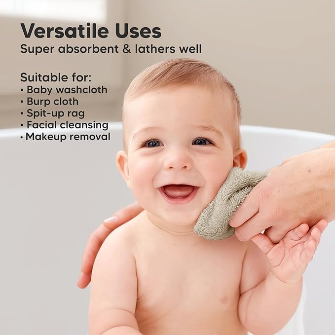 6-Pack Baby Washcloths - Soft Absorbent Viscose from Bamboo Wash Cloths for Babies, Kids, Toddlers, Infant, Newborn Bath Towels, Gentle on Sensitive Skin, 10x10 Reusable Face Towels (Khaki)