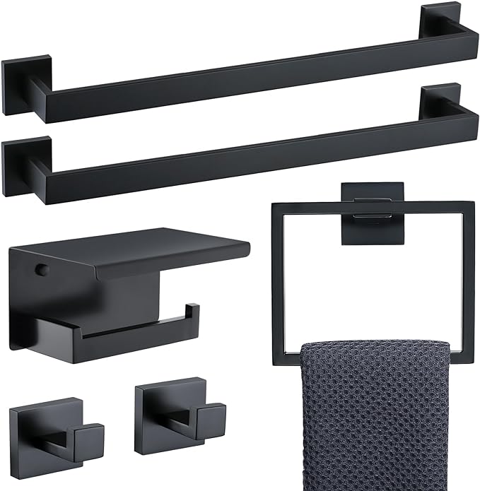TNOMS 6-Piece Black Bathroom Hardware Set 23.6 Inch Towel Bar Set Double Towel Bar Towel Ring Coat Hook and Toilet Paper Holder with Shelf Wall Mounted Stainless Steel Bathroom Accessories Set