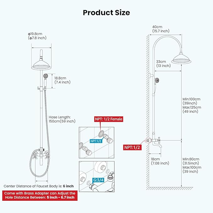 gotonovo Bathroom Classic Exposed Shower Faucet Wall Mount Shower System 8 Inch Luxurious Rainfall Shower Head Set with Tub Spout and Handheld Spray Double Cross Handles Oil Rubbed Bronze