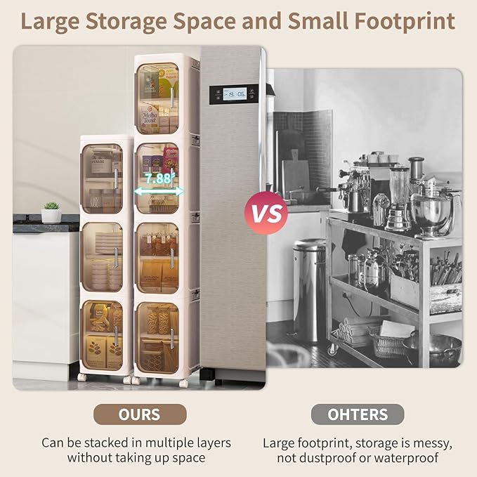 KHNR 4-Tiers Slim Bathroom Storage Cabinet, Foldable Storage Cabinets,Narrow Bathroom Storage,Movable Bathroom Storage Organizer for Small Spaces,Bathroom,Kitchen,Laundry,Cream White