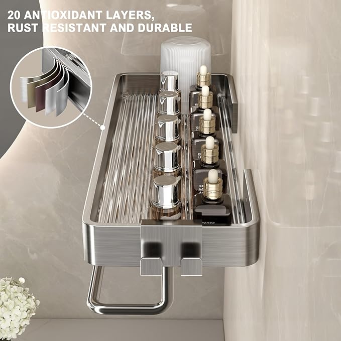 VOLPONE Stainless Steel Wall Mounted Bathroom Shelves - 2-Tier Floating Shelf with Removable Hooks (Brushed Nickel)