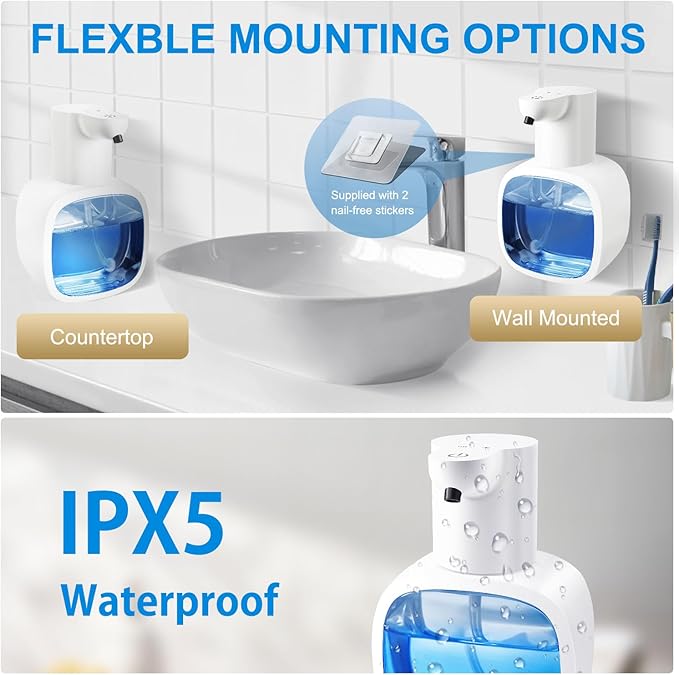 Automatic Foaming Soap Dispenser with 500ml/17oz Capacity, Touchless Soap Dispenser with 4 Level Adjustable, Rechargeable, Wall-Mounted, Waterproof for Kitchen, Bathroom, Hotel, Restaurant