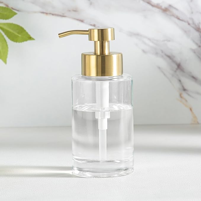 Enra Thick Glass Soap Dispenser with Stainless Steel Gold Pump,12oz Bathroom Hand Liquid Soap Dispensers,Lotion Dispenser,Soap Dispenser for Bathroom,Kitchen(Clear/Gold Liquid Type)