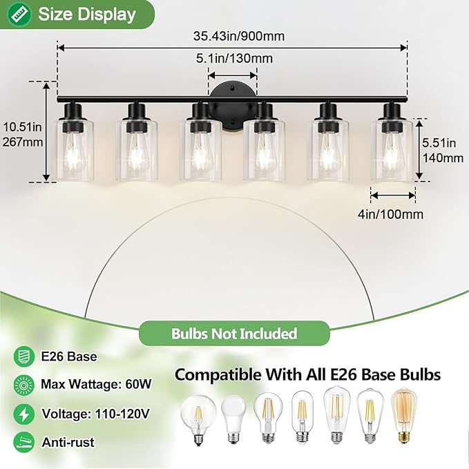 6-Light Bathroom Light Fixtures, Black Modern Vanity Lights with Clear Glass Shade, Bathroom Wall Lamp for Mirror Kitchen Living Room Hallway Cabinet Porch