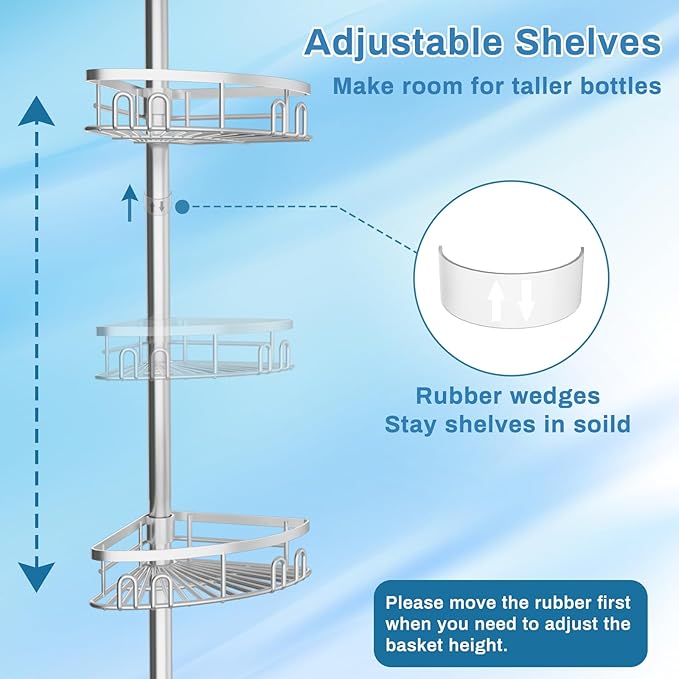 Rustproof Shower Corner Caddy Shelf for Bathroom Tension Pole Organizer with 4 Baskets for Bathtub Shampoo Storage from 23.6 to 114.5 Inch with Towel Bar (Silver)