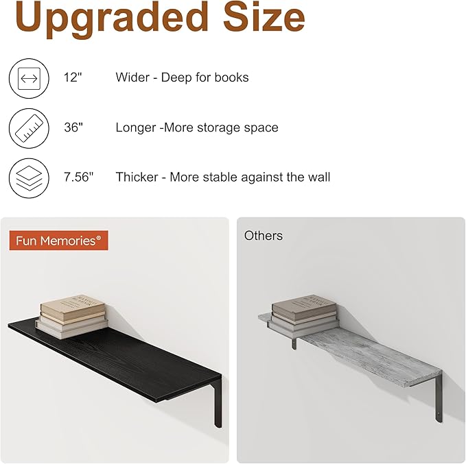 36 Inch Black Floating Shelves Wall Mounted, 12 Inch Deep Wall Shelves with Visible Brackets, Deep Bookshelf for Home, Rustic Bathroom Shelf, Deep Shelves for Plant, Books, Set of 2