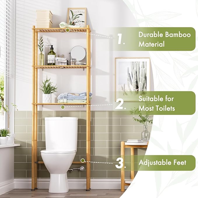 AmazerBath Over The Toilet Storage Shelf Bamboo, 3-Tier Over Toilet Organizer Rack, Freestanding Above Toilet Shelf for Bathroom, Laundry, Space Saver, Natural Color