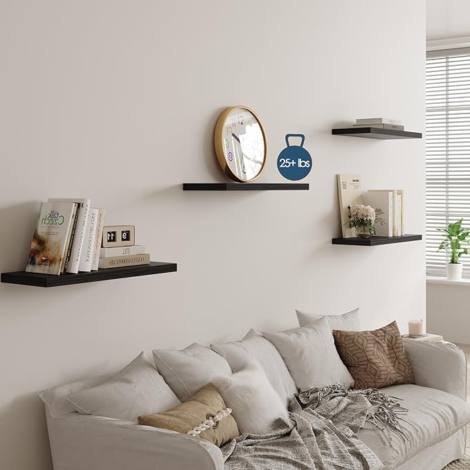 Wall Shelf Set of 3,Dark Wood Floating Shelves 24 in W x 10 in D x 1 in H, Wooden Floating Wall Shelf with Invisible Brackets for Living Room/Bedroom/Bathroom/Kitchen Storage and Decor