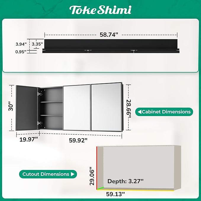 TokeShimi 60x30 Recessed Medicine Cabinet with Mirror, Black Medicine Cabinet Mirrored Aluminum Alloy, Wall Mounted Metal Beveled Mirror with Storage for Bathroom Vanity
