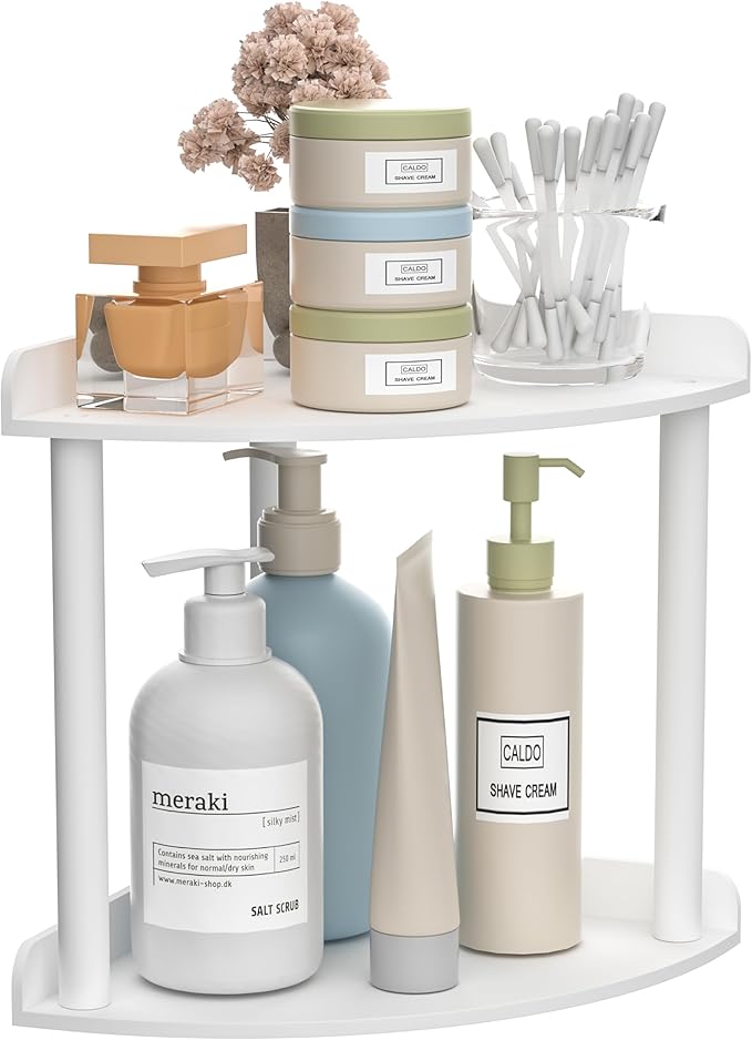 2 Tier Countertop Corner Organizer Shelf 7x7x8 Inch, White Acrylic Bathroom Vanity Storage Organizer Corner Shelf for Skincare, Cosmetics, Perfume