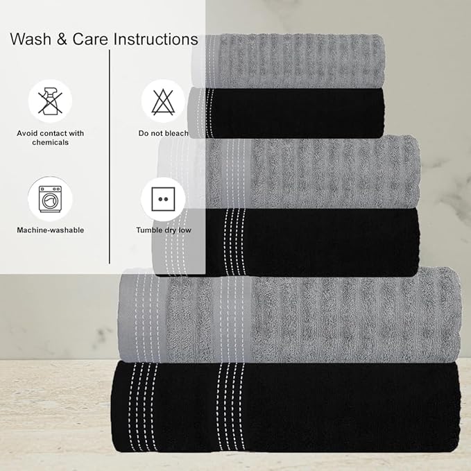 CASA COPENHAGEN® Elegance 6 Pieces Towel Set- Grey Violet + Black, 550 GSM, 2 Bath Towel 2 Hand Towel 2 Washcloth Designed in Denmark Made of Soft Egyptian Cotton for Bathroom, Kitchen and Shower